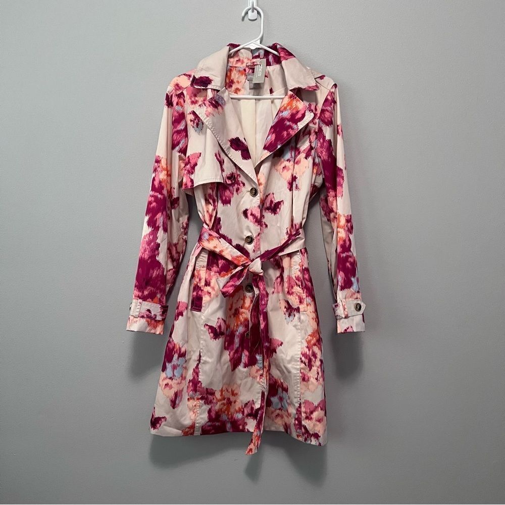 Chico's Ikat Floral Trench Coat W/Removeable Hood Size L  NWOT!